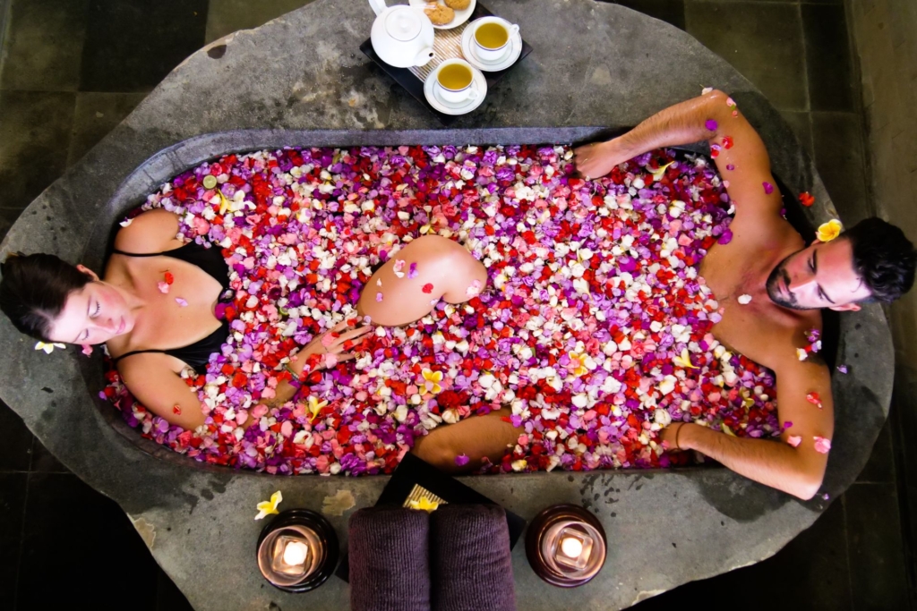 Couple flower bath experience for honeymooners at Kelapa Retreat and Spa, Bali